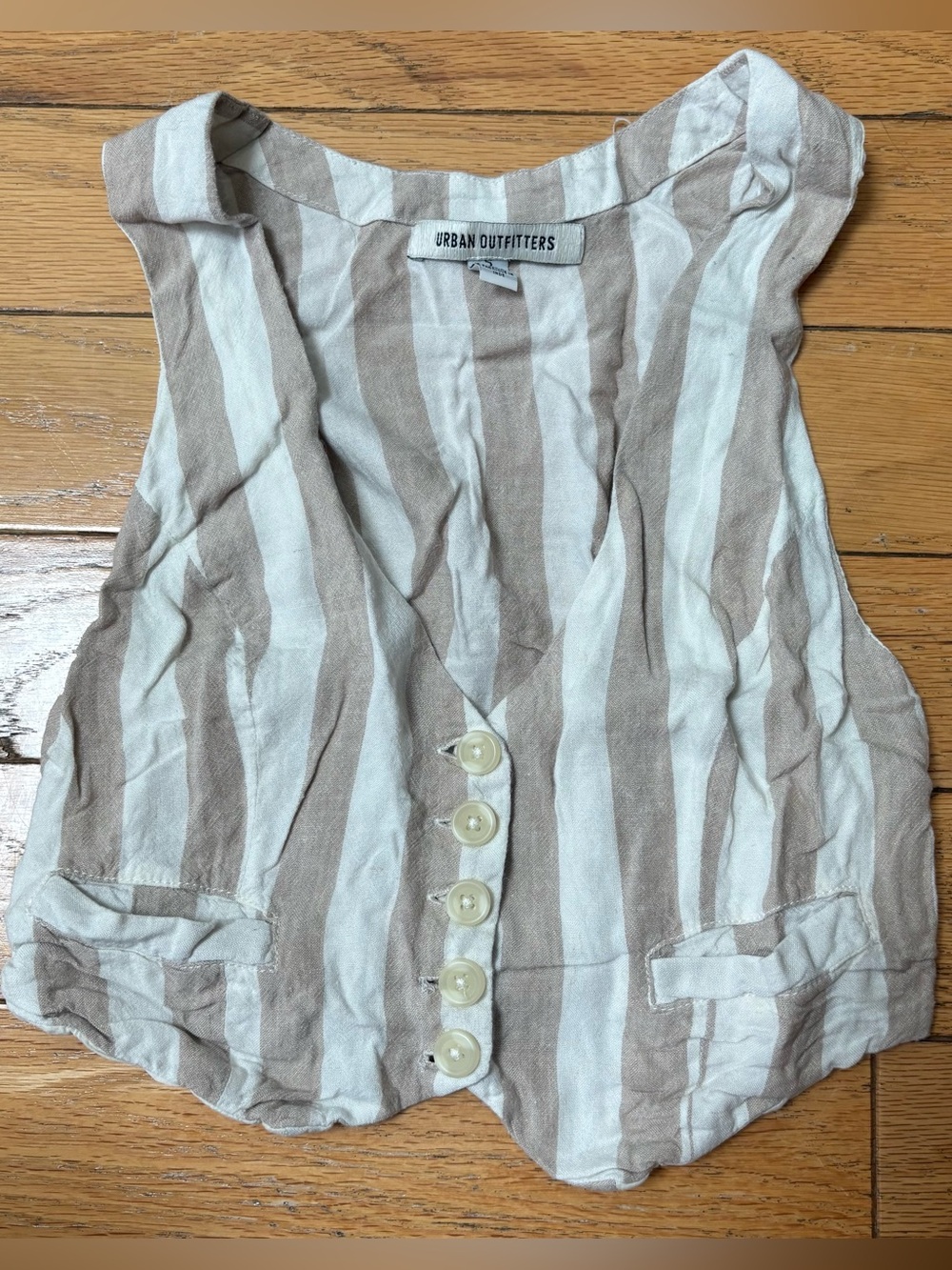 Urban Outfitters White and Taupe Striped Linen Button-Front Vest
